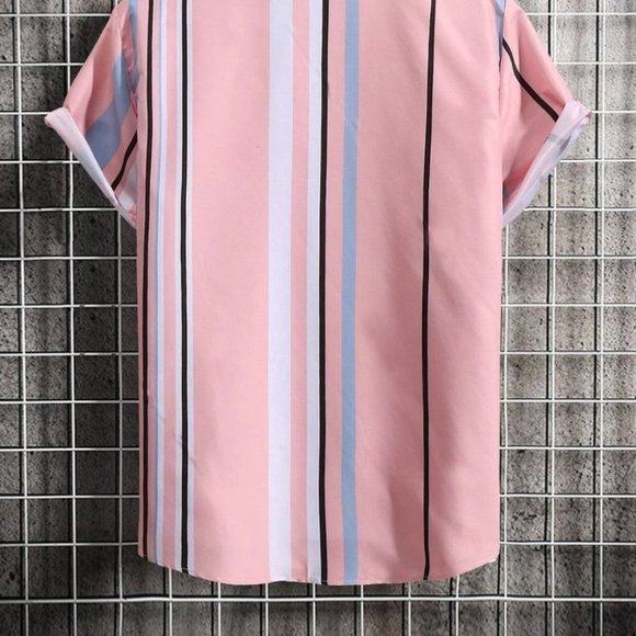 Pink Vacation Style Men's Random Block Striped Shirt - Picture 4 of 8